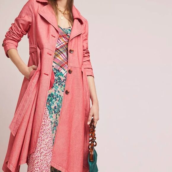 Anthropologie Jackets & Blazers - ANTHROPOLOGIE Elle Cotton Trench Coat Red Chambray Handkerchief Hem NWT
